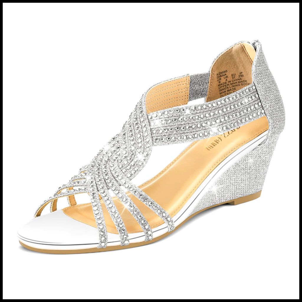 Sparkly Rhinestone Wedge Sandals Open Toe Strappy Evening Dress Shoes Elegant